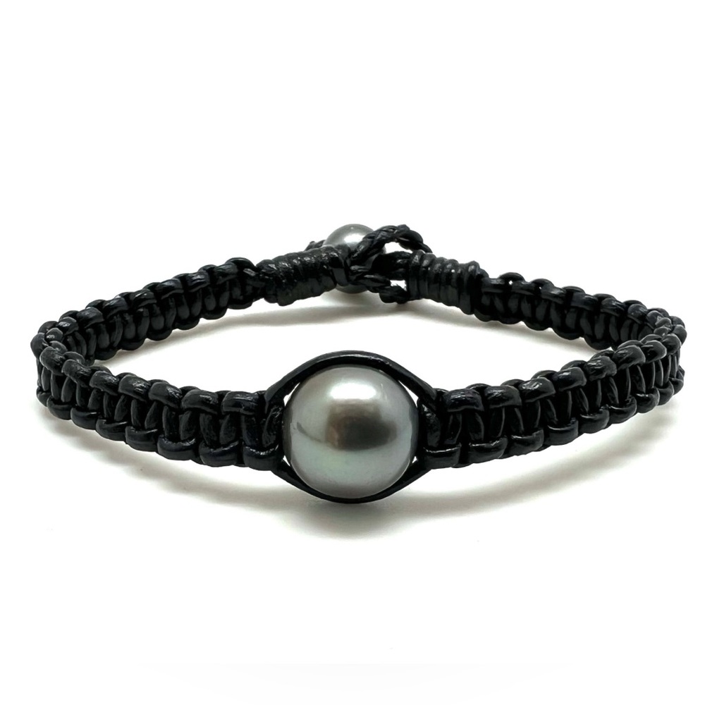 Black Braided Bracelet with Silver Pearl